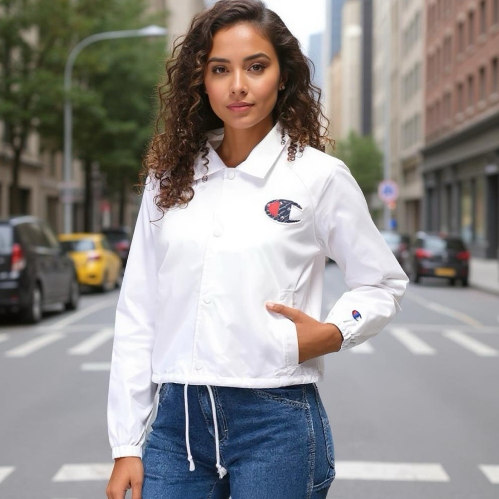 Champion White Nylon Crop Coaches Jacket